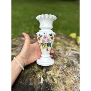 Antique Victorian White Bristol Blown Glass Ruffle Top Vase Painted Flowers
